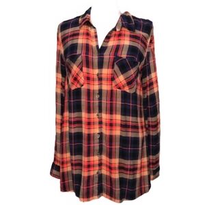 Maurices Plaid Long Sleeve Tunic Shirt Back Button Detail Women's Small S EUC